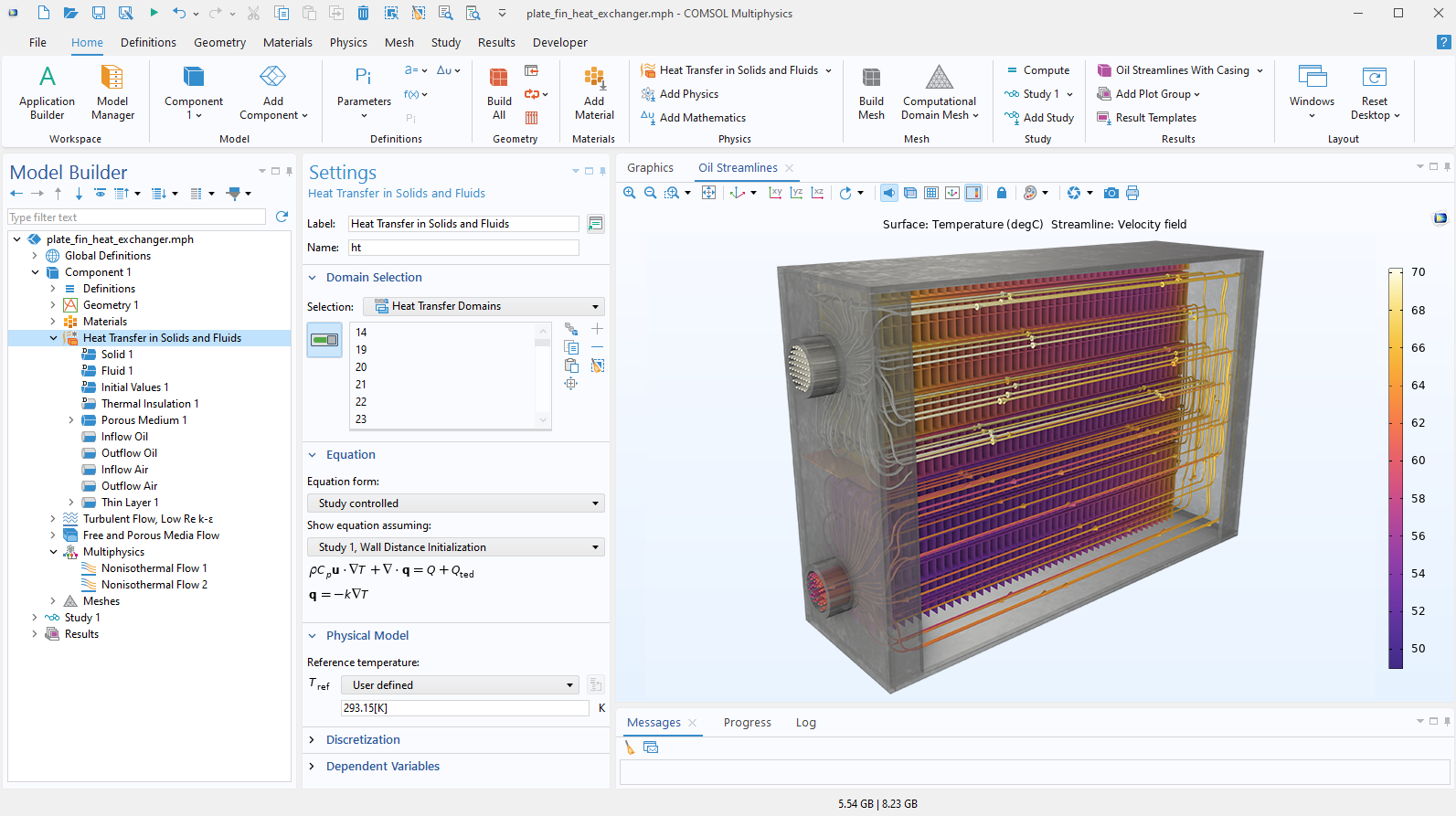 The COMSOL Multiphysics UI showing the Model Builder with the Heat Transfer in Solids and Fluids node highlighted, the corresponding Settings window, and a heat exchanger model in the Graphics window.