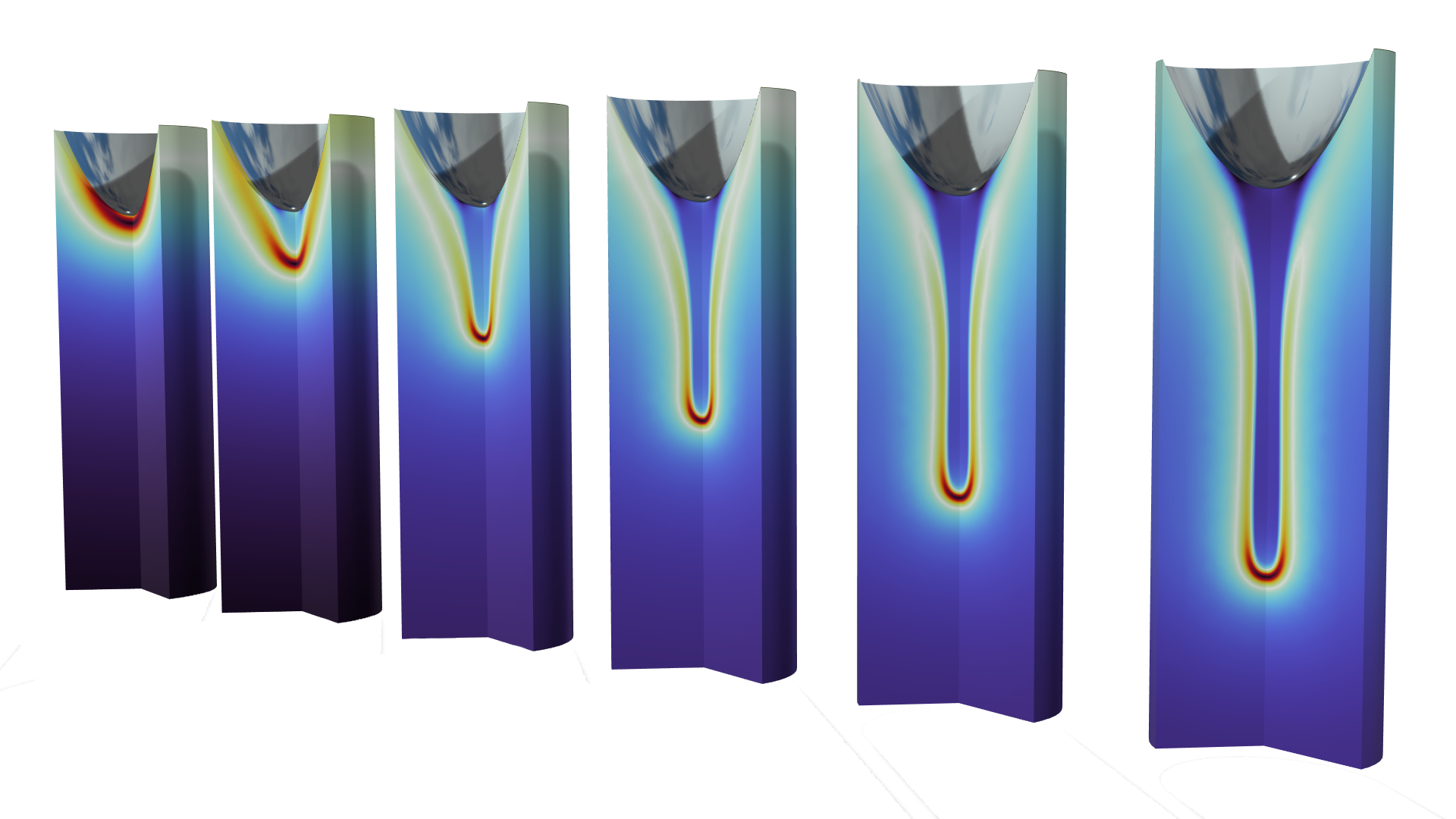 Five 3D plots showing the propagation of a streamer in transformer oil induced by a lightning impulse.